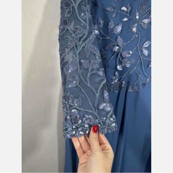 NWD $468 Tadashi Shoji‎ [ 14 ] Sequin Lace Long Sleeve Crepe Gown Cadet Blue - Picture 13 of 16